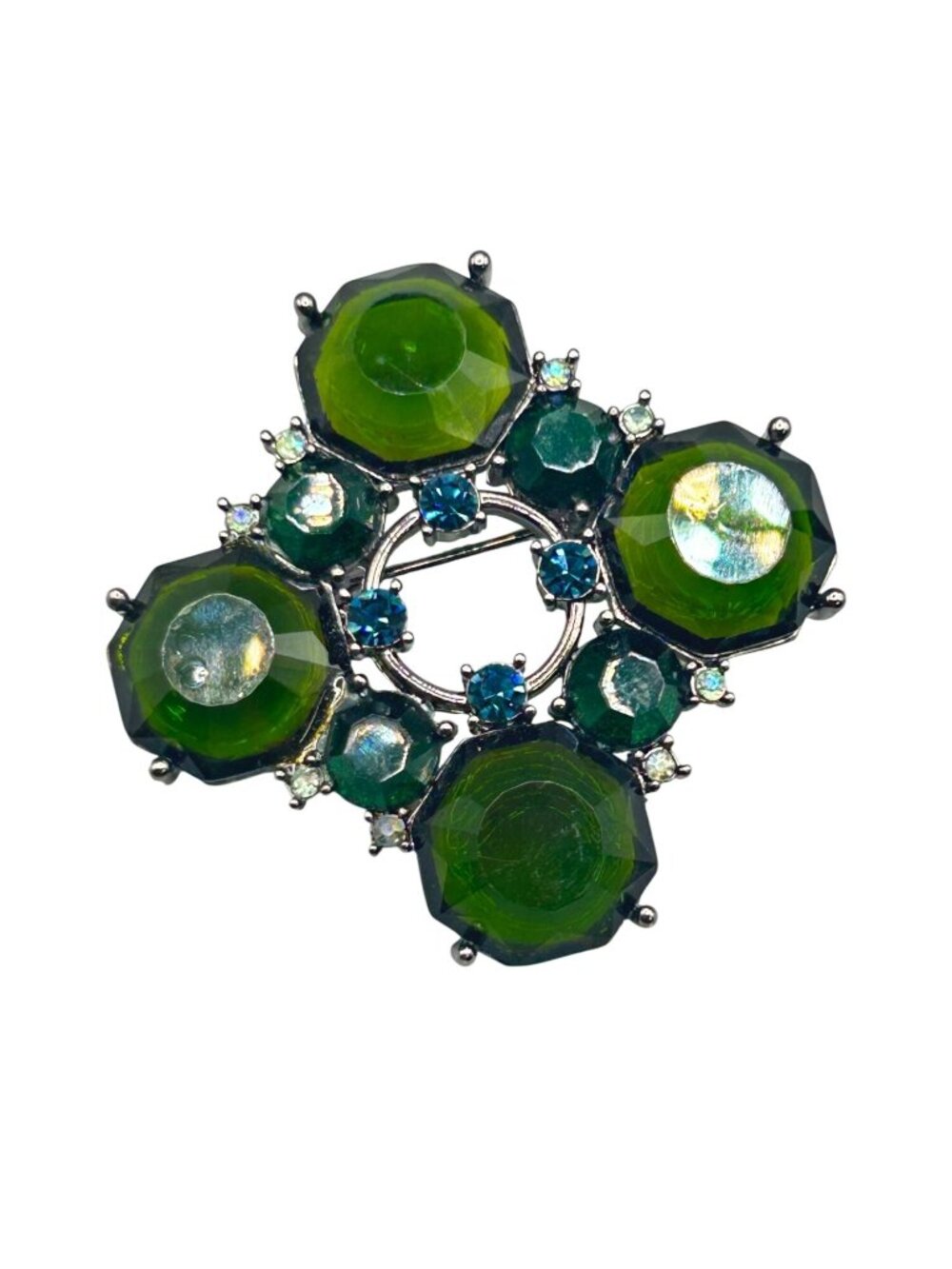 Vintage 90s Green Pin Brooch Acrylic Rhinestones Gun Metal Color